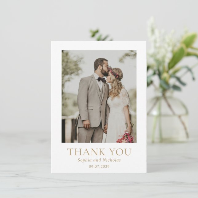 Simple Gold Modern Photo Wedding Thank You Card (Standing Front)