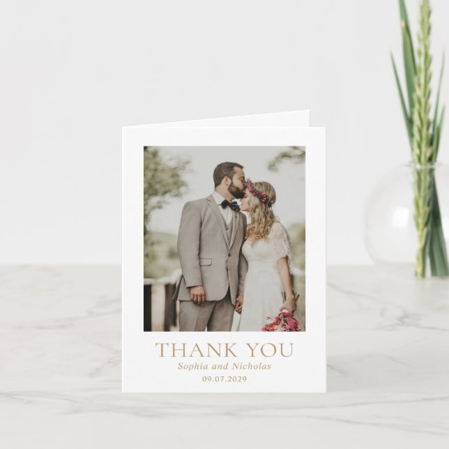 Simple Gold Modern Photo Wedding Thank You Card (Front)