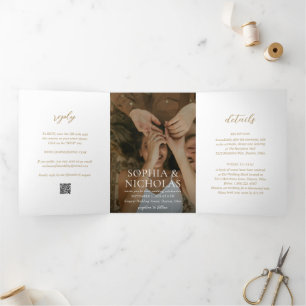 Simple Gold Modern Photo Wedding Tri-Fold Invitation