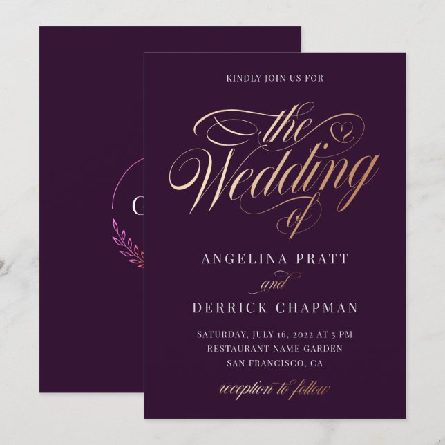 Simple Gold Modern Purple Calligraphy Wedding Invitation (Front/Back)