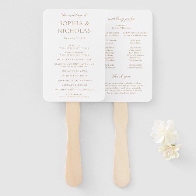 Simple Gold Modern Wedding Program Hand Fan (Front and Back)