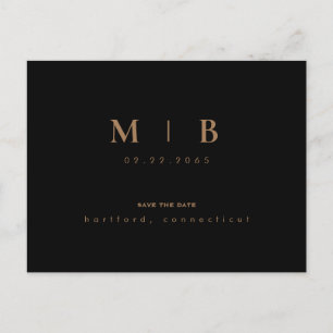 Simple Gold Monogram Black Save the Date Postcard
