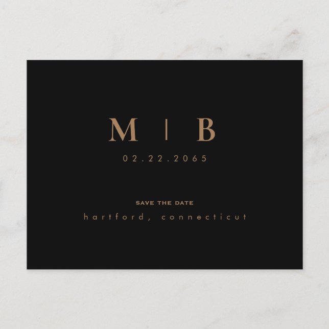 Simple Gold Monogram Black Save the Date  Postcard (Front)