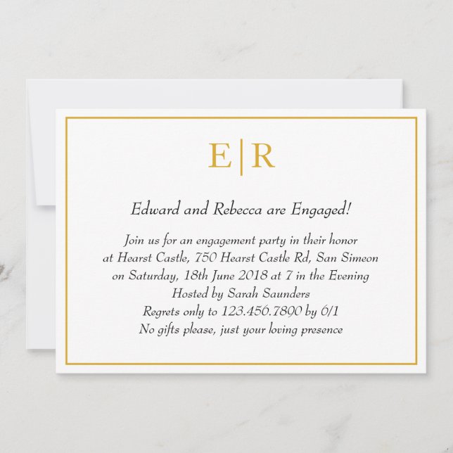 Simple Gold Monogram Elegant Engagement Party Invitation (Front)