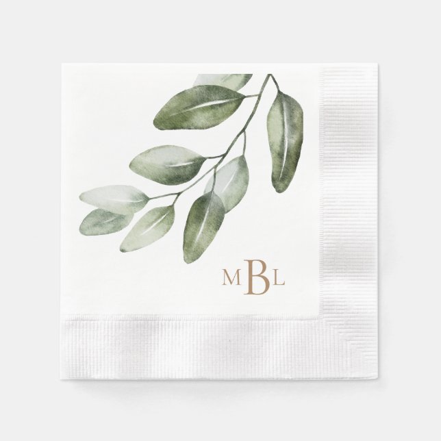 Simple Gold Monogram Greenery Coined  Napkin (Front)