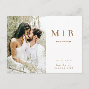Simple Gold Monogram White Photo Save the Date Postcard