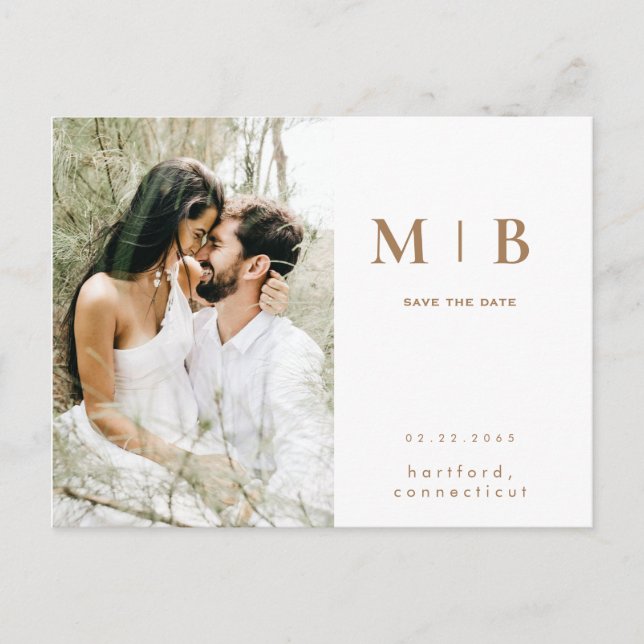 Simple Gold Monogram White Photo Save the Date Postcard (Front)