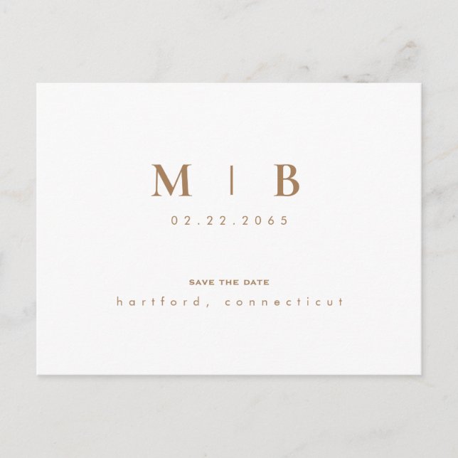 Simple Gold Monogram White Save the Date Announcement Postcard (Front)