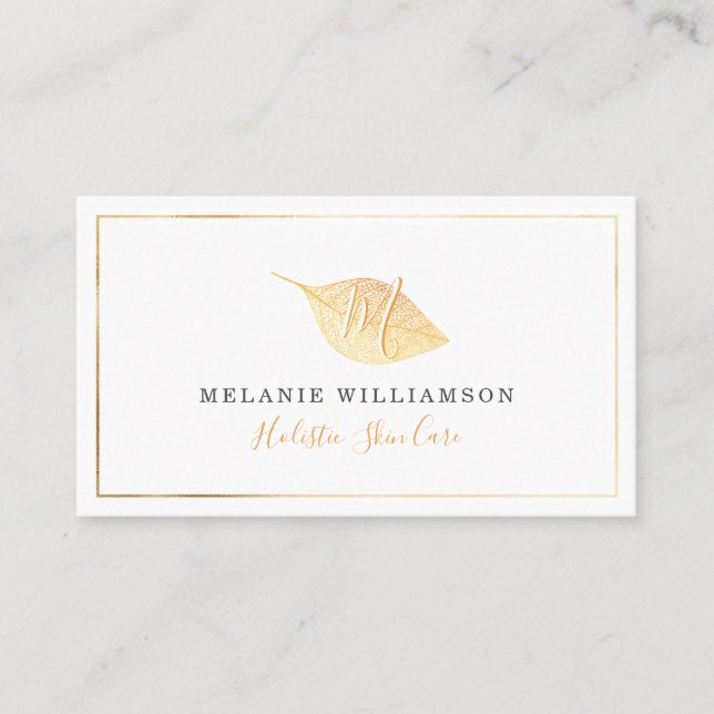 Simple Gold Natural Pressed Leaf Monogram Business Card (Front)
