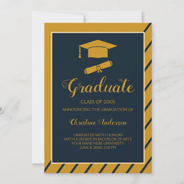 Simple gold navy grad cap chic stylish graduation  announcement (Front)