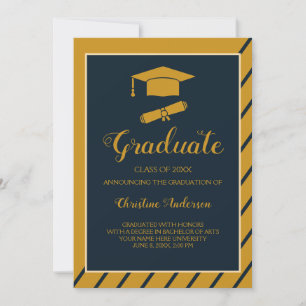 Simple gold navy grad cap chic stylish graduation  announcement