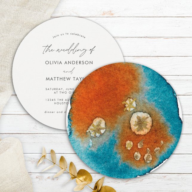 Simple Gold Navy Orange Elegant Watercolor Wedding Invitation (Front/Back)