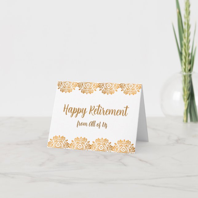 Simple Gold Ornament Happy Retirement Wishes Card (Front)