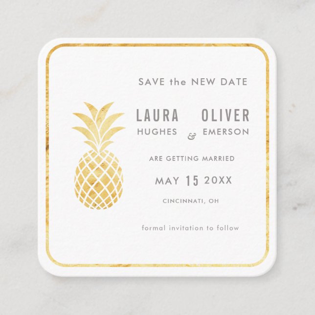 Simple Gold Pineapple Save the Date Cards (Front)