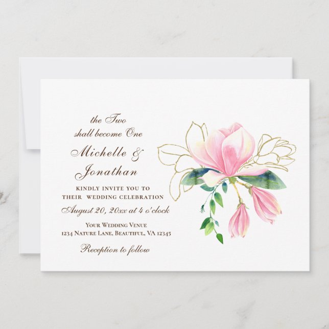 Simple Gold Pink Magnolia Christian Wedding Invitation (Front)