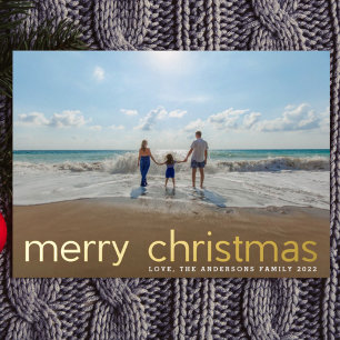 Simple Gold Pressed Script Photo Merry Christmas Foil Holiday Card