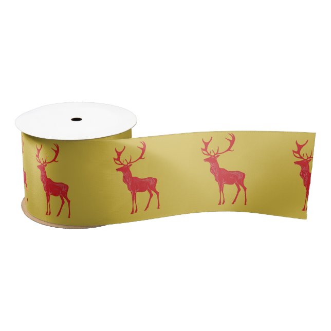 Simple Gold Red Reindeers christmas Xmas Pattern Satin Ribbon (Spool)
