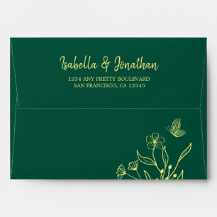 Simple gold return address emerald wedding envelope