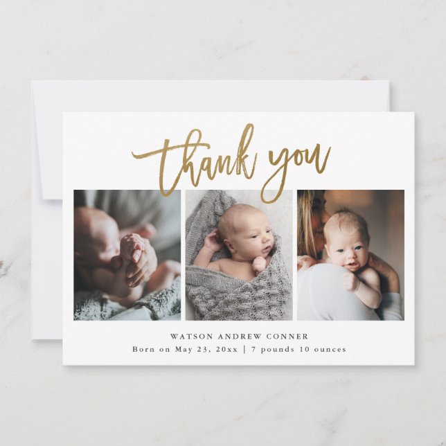 Simple Gold Script 3 Photo Baby Thank You Card (Front)