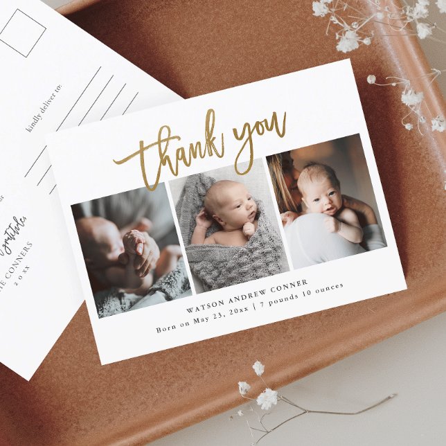 Simple Gold Script 3 Photo Baby Thank You Postcard (Creator Uploaded)