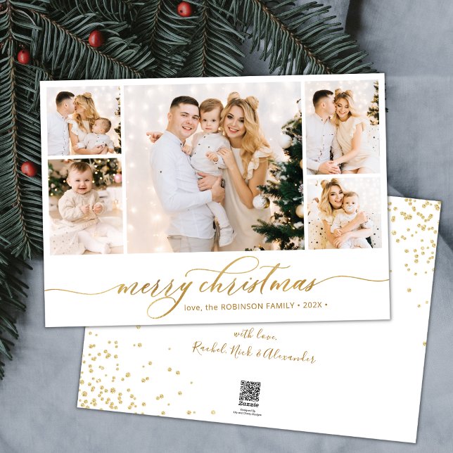 Simple Gold Script 5 Photo Collage Christmas  Holiday Card (Creator Uploaded)