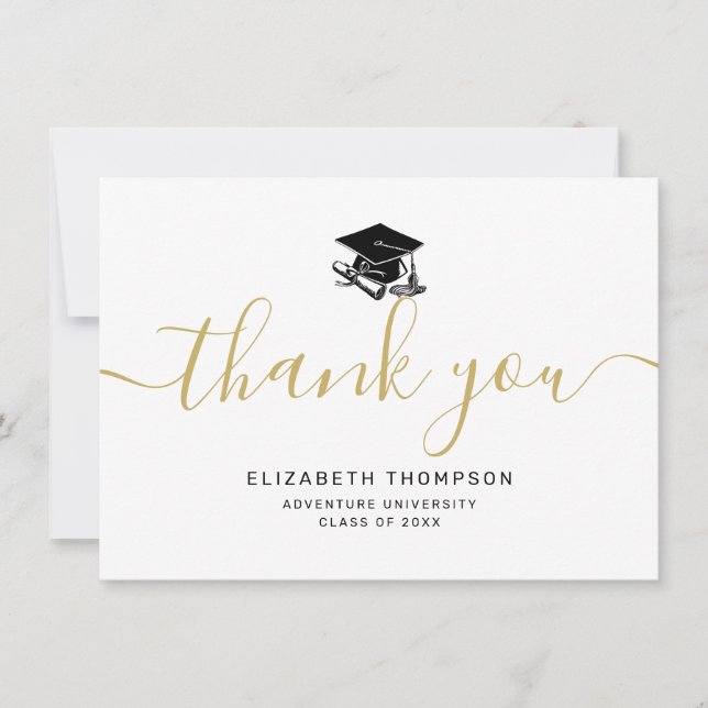 Simple Gold Script Black Grad Cap Graduation Thank You Card (Front)