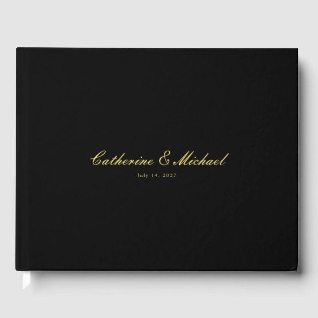 Simple Gold Script Black Wedding Guest Book (Front)
