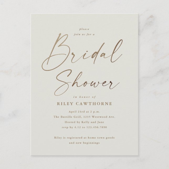 Simple Gold Script Bridal Shower Postcard (Front)