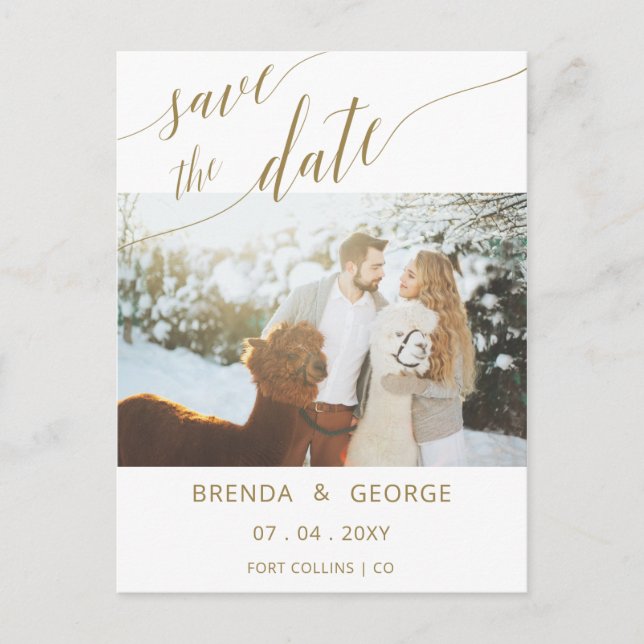Simple Gold Script Calligraphy Save The Date Photo Announcement Postcard (Front)