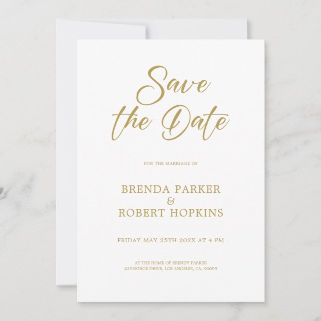 Simple Gold Script On White Wedding Save The Date Invitation (Front)