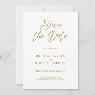Simple Gold Script On White Wedding Save The Date Invitation