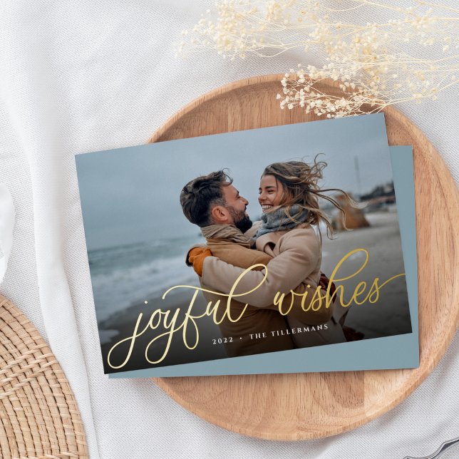 Simple Gold Script Overlay Joyful Wishes Photo Foil Holiday Card (Creator Uploaded)
