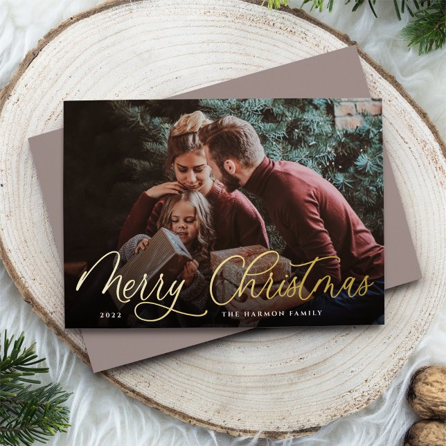 Simple Gold Script Overlay Merry Christmas Photo Foil Holiday Card (Creator Uploaded)