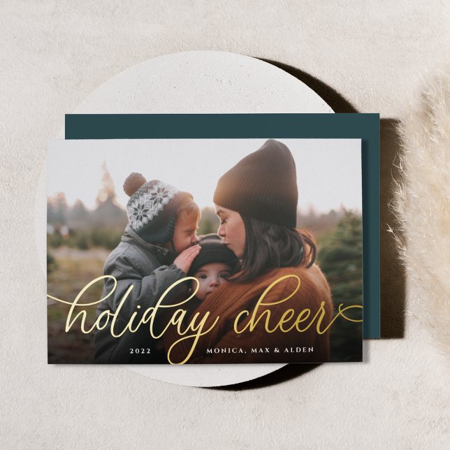 Simple Gold Script Overlay Photo Foil Holiday Card (Creator Uploaded)