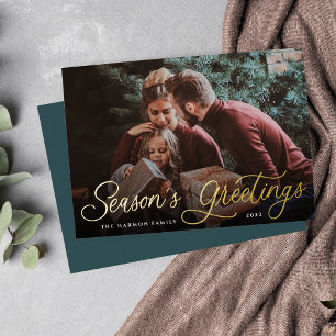 Simple Gold Script Overlay Seasons Greetings Photo Foil Holiday Card