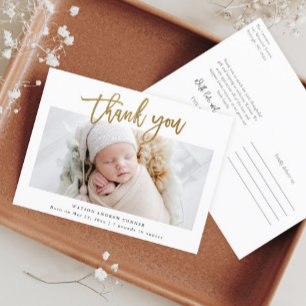 Simple Gold Script Photo Baby Thank You Postcard
