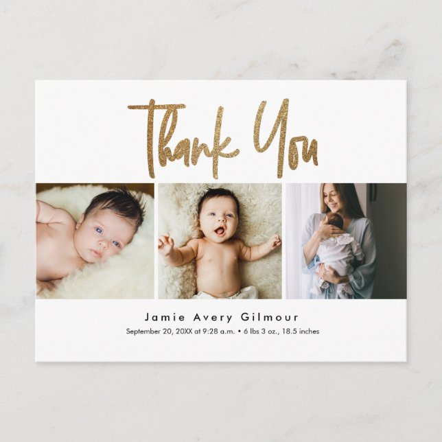 Simple Gold Script photo collage baby thank you Postcard (Front)