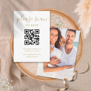 Simple Gold Script RSVP QR Code Photo Enclosure Card