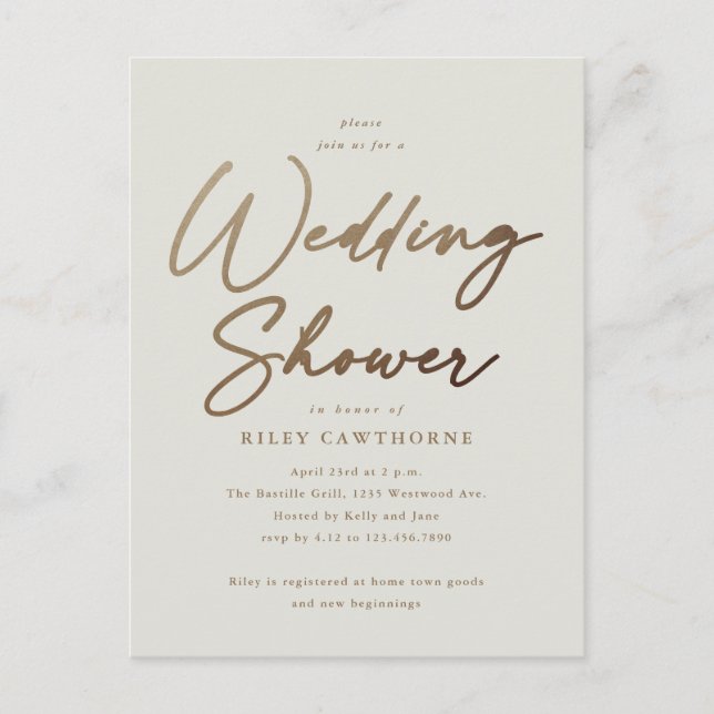Simple Gold Script Wedding Shower Postcard (Front)