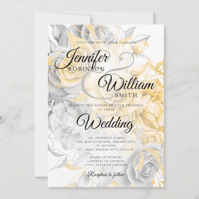 Simple Gold & Silver Elegant Floral Wedding Invitation (Front)