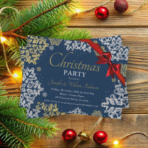 Simple Gold & Silver Snowflakes Xmas Holiday Navy Invitation