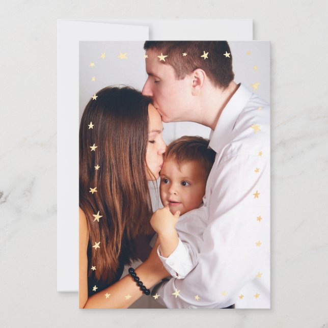 Simple gold star frame overlay photo holiday card (Front)