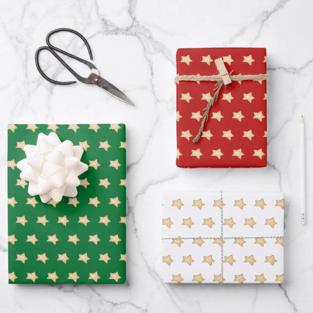 Simple Gold Star on Green, Red, White, Background Wrapping Paper Sheet (Front)