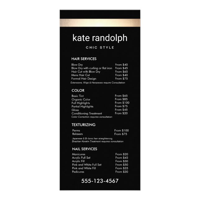 Simple Gold Stripe Black Salon Price List Menu (Front)