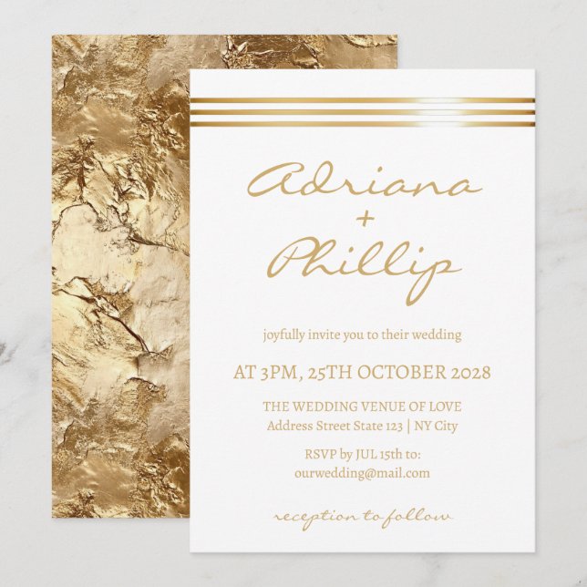 Simple Gold Stripes Wedding Invitation  (Front/Back)