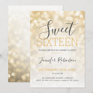 Simple Gold Sweet 16 Birthday Sparkly Lights  Invitation