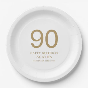 Simple Gold Text 90th Name Birthday Party Paper Plate