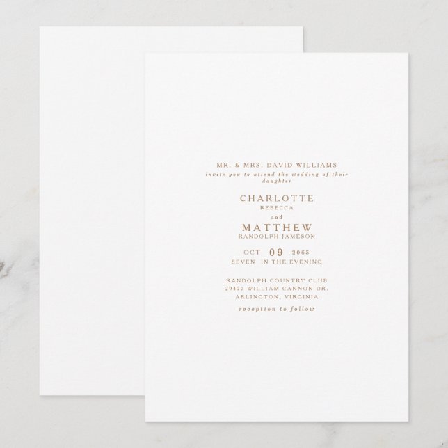 Simple Gold Text Only White Wedding Invitation (Front/Back)