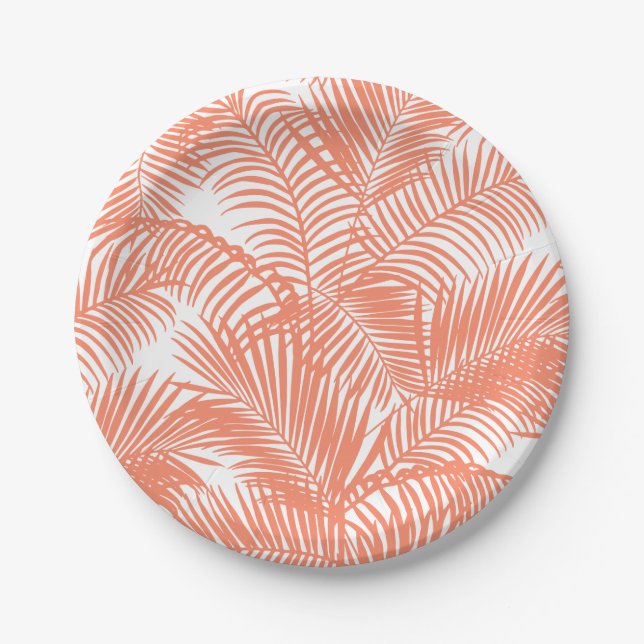 Simple gold tropical coral chic palm tree floral paper plate (Front)
