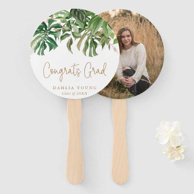 Simple Gold Tropical Photo Modern Graduation Hand Fan (Front and Back)